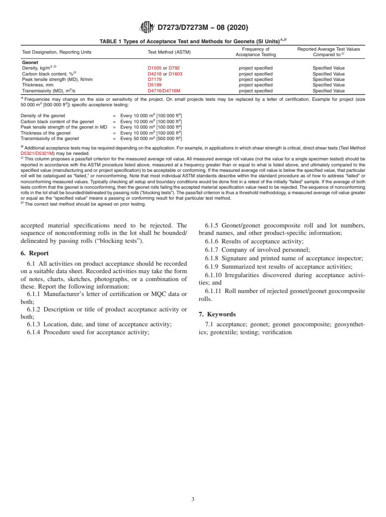 ASTM D7273/D7273M-08(2020) - Standard Guide for Acceptance Testing Requirements for Geonets and Geonet Drainage  Geocomposites