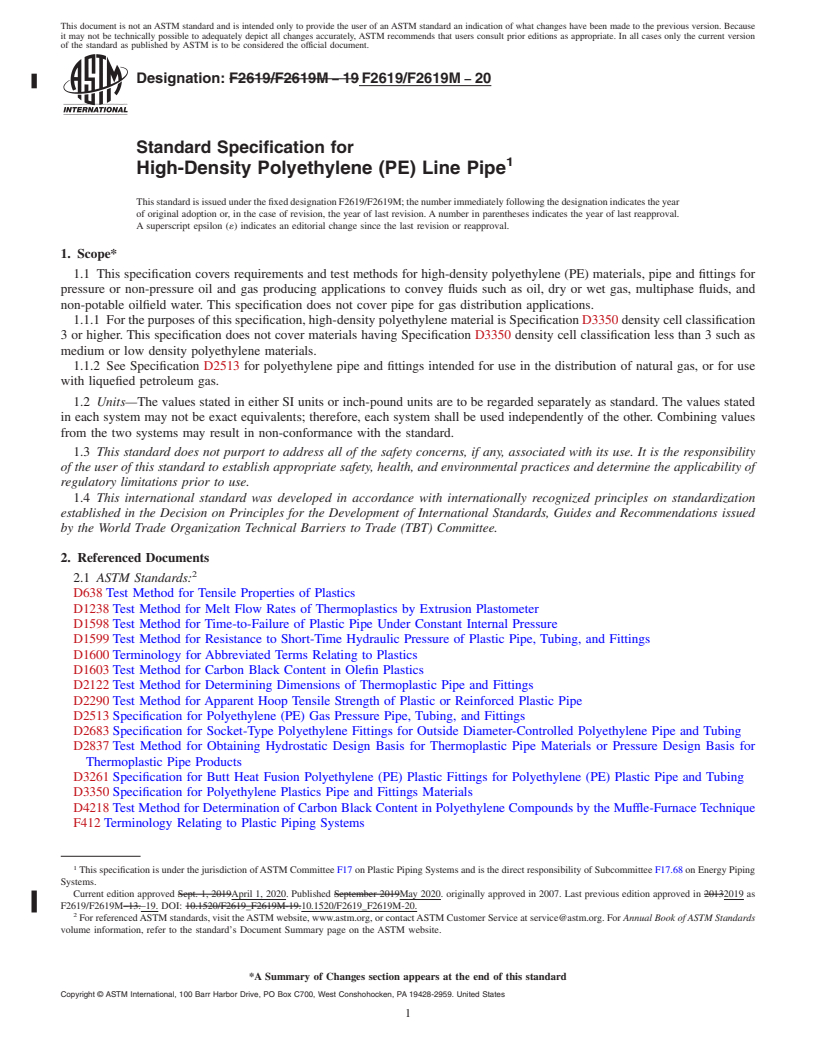 REDLINE ASTM F2619/F2619M-20 - Standard Specification for  High-Density Polyethylene (PE) Line Pipe