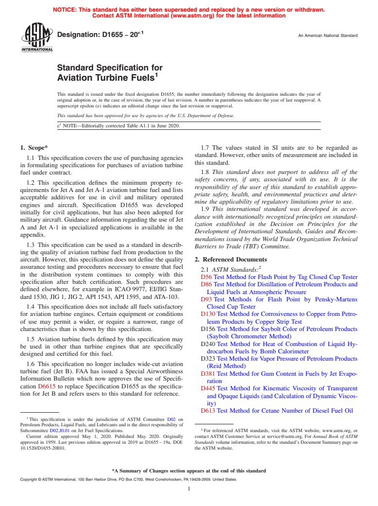 ASTM D1655-20e1 - Standard Specification for Aviation Turbine Fuels