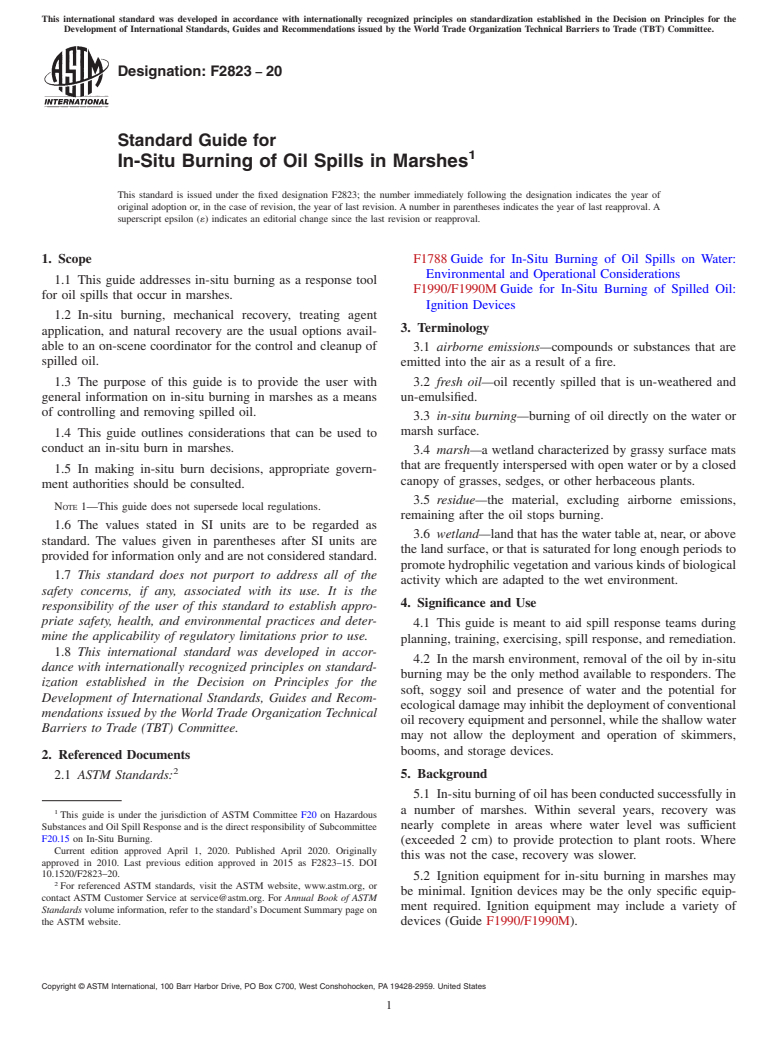 ASTM F2823-20 - Standard Guide for  In-Situ Burning of Oil Spills in Marshes