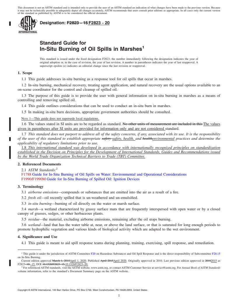 REDLINE ASTM F2823-20 - Standard Guide for  In-Situ Burning of Oil Spills in Marshes