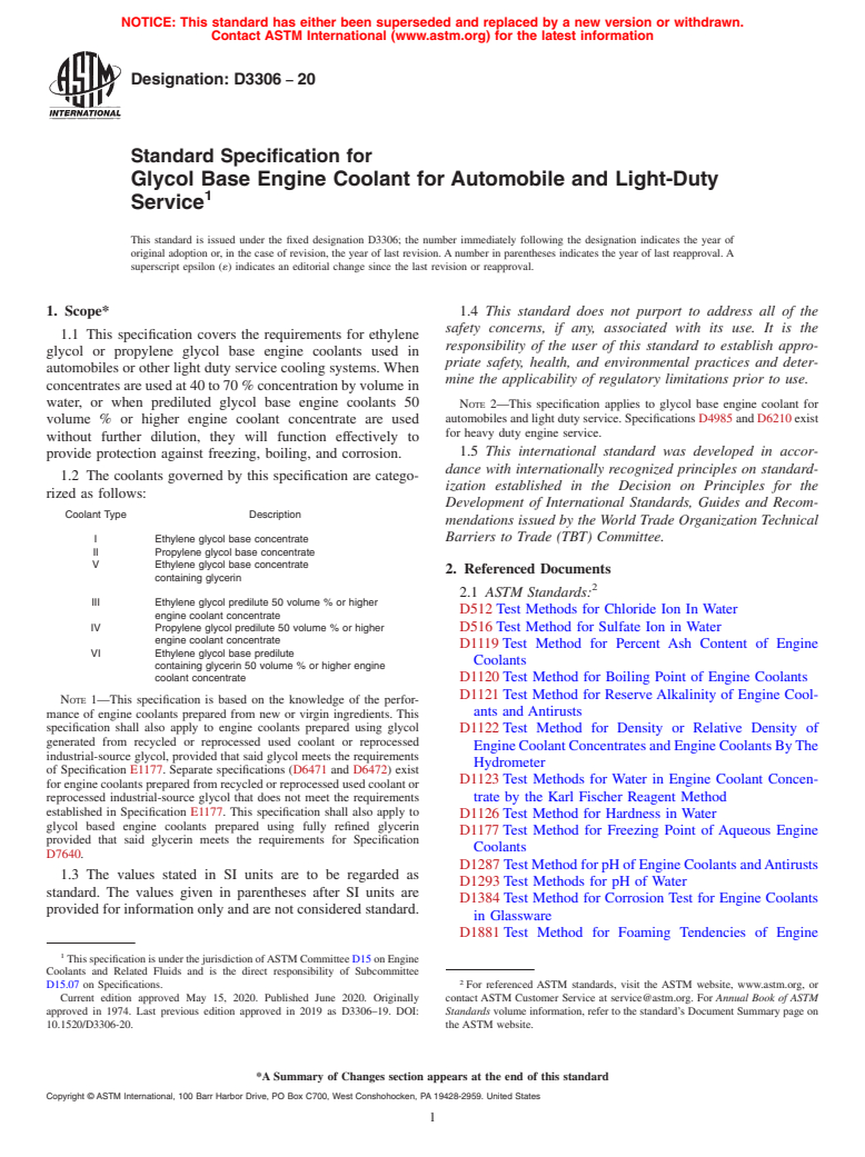 ASTM D3306-20 - Standard Specification for Glycol Base Engine Coolant for Automobile and Light-Duty Service