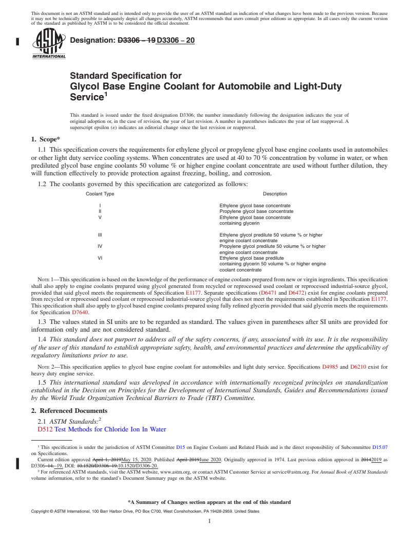 REDLINE ASTM D3306-20 - Standard Specification for Glycol Base Engine Coolant for Automobile and Light-Duty Service