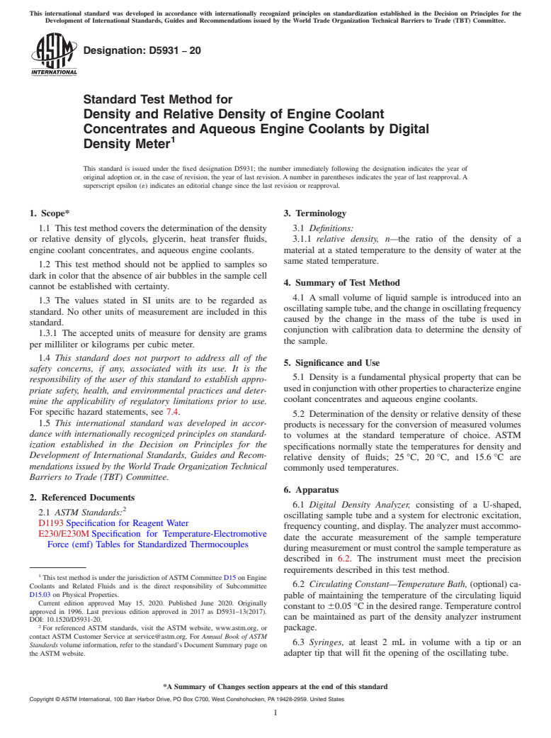 ASTM D5931-20 - Standard Test Method for Density and Relative Density of Engine Coolant Concentrates  and Aqueous Engine Coolants by Digital Density Meter