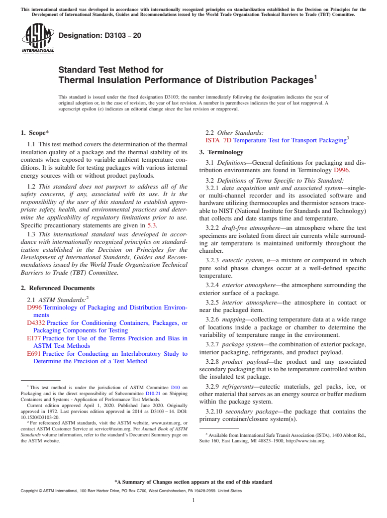 ASTM D3103-20 - Standard Test Method for  Thermal Insulation Performance of Distribution Packages