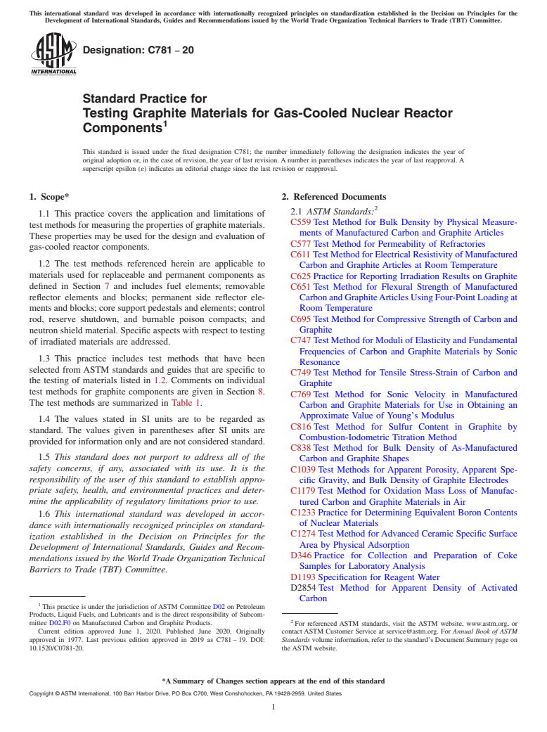 ASTM C781-20 - Standard Practice for Testing Graphite Materials for Gas-Cooled Nuclear Reactor Components