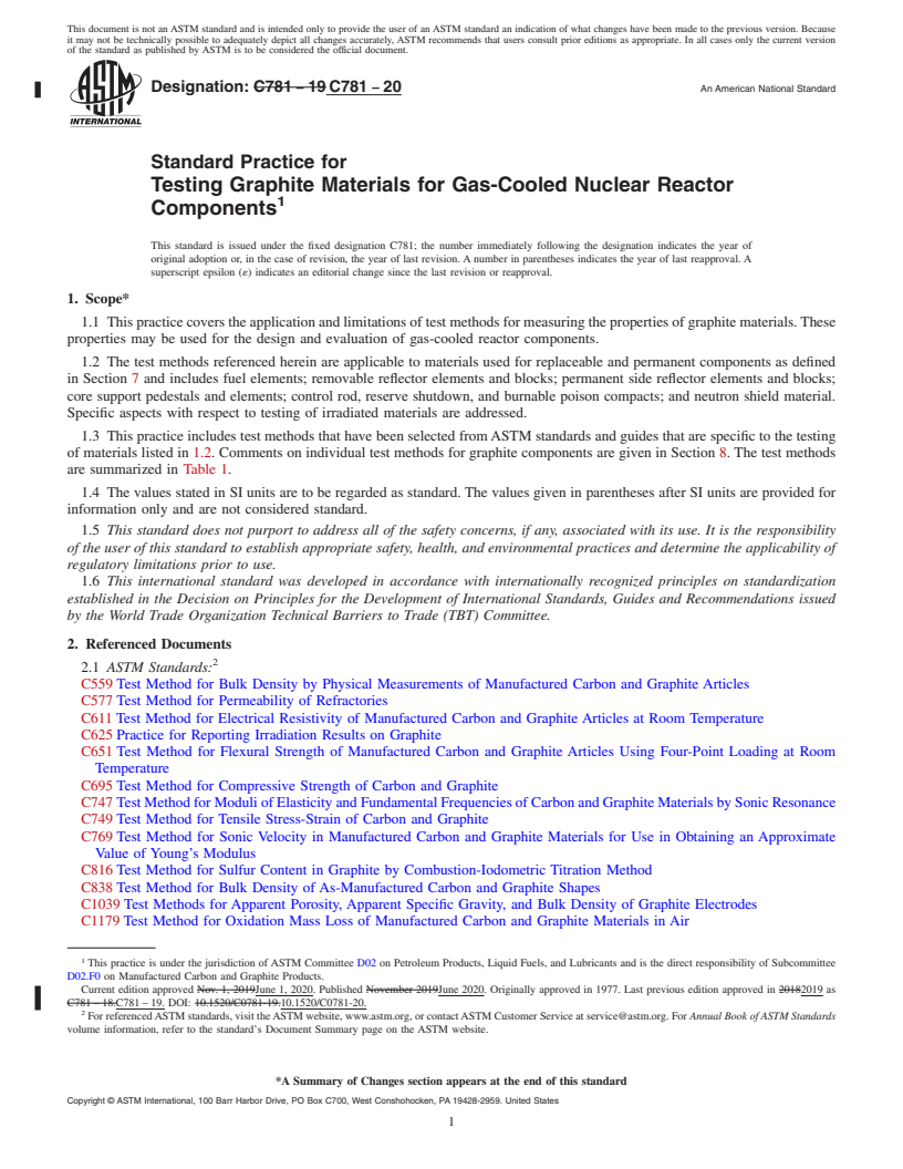 REDLINE ASTM C781-20 - Standard Practice for Testing Graphite Materials for Gas-Cooled Nuclear Reactor Components
