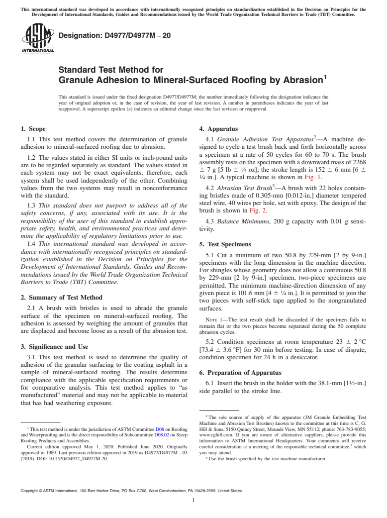 ASTM D4977/D4977M-20 - Standard Test Method for Granule Adhesion to Mineral-Surfaced Roofing by Abrasion