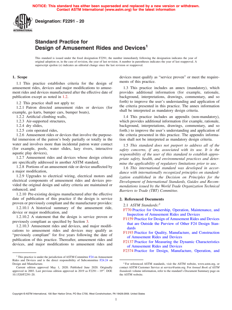 ASTM F2291-20 - Standard Practice for Design of Amusement Rides and Devices