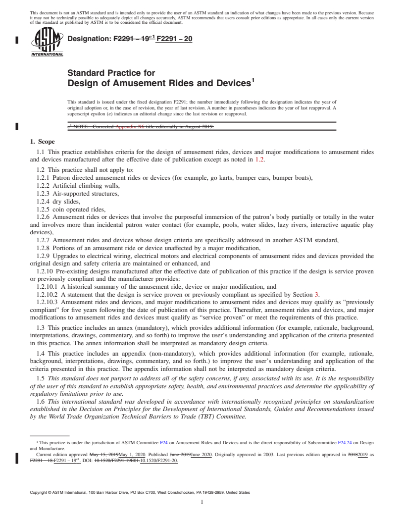 REDLINE ASTM F2291-20 - Standard Practice for Design of Amusement Rides and Devices