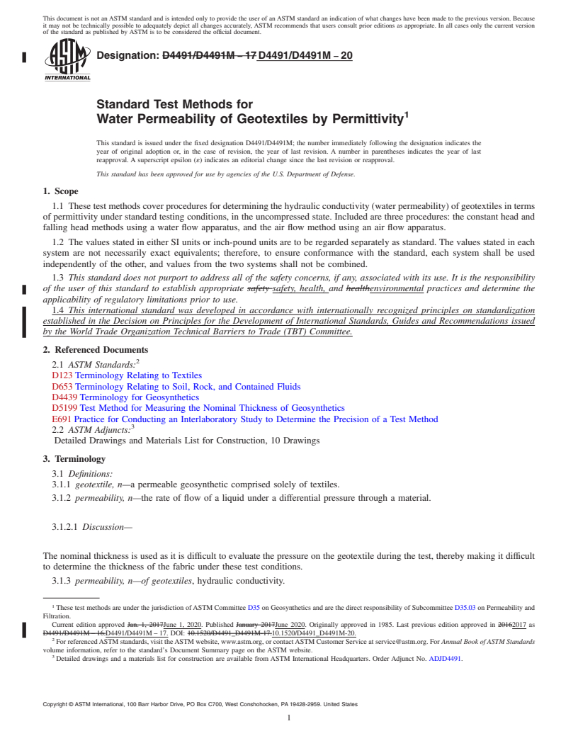 REDLINE ASTM D4491/D4491M-20 - Standard Test Methods for Water Permeability of Geotextiles by Permittivity