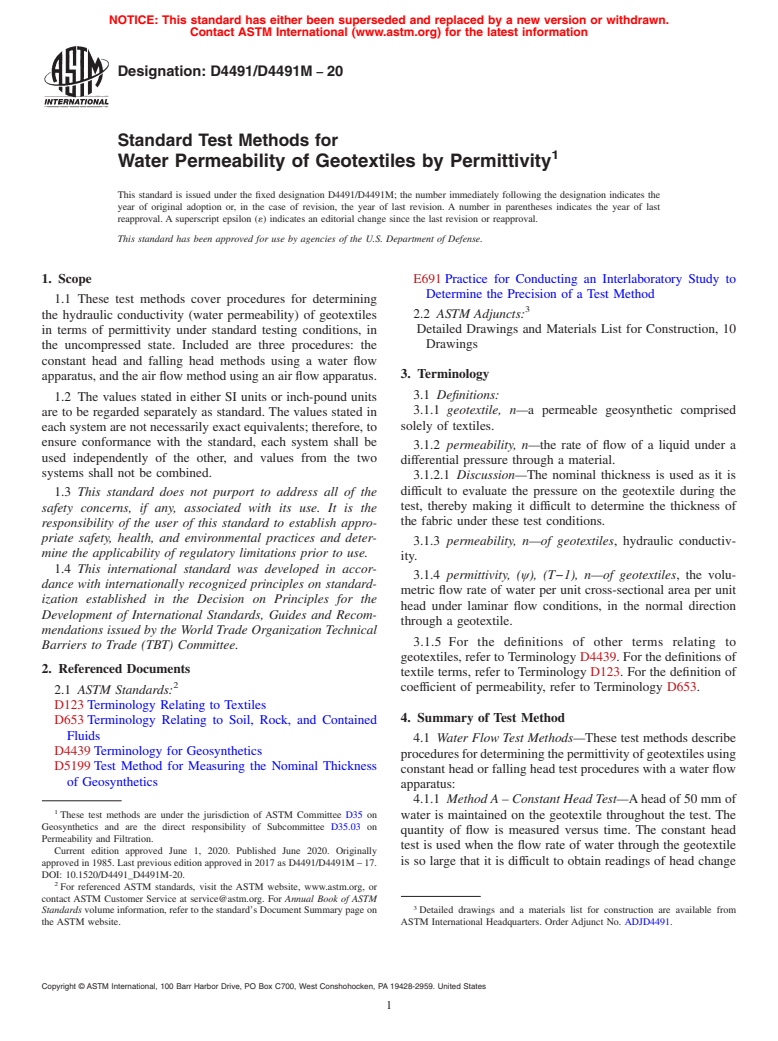 ASTM D4491/D4491M-20 - Standard Test Methods for Water Permeability of Geotextiles by Permittivity