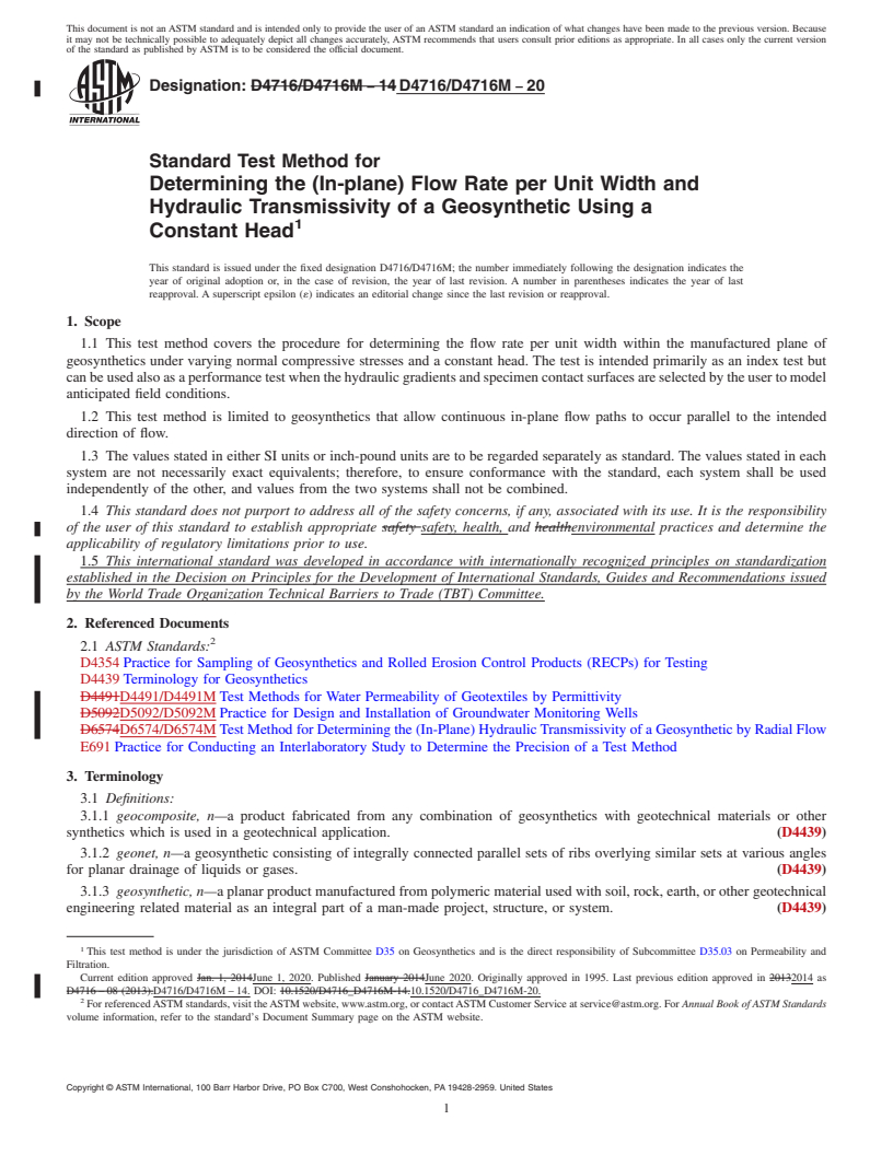 REDLINE ASTM D4716/D4716M-20 - Standard Test Method for Determining the (In-plane) Flow Rate per Unit Width and Hydraulic  Transmissivity of a Geosynthetic Using a Constant Head