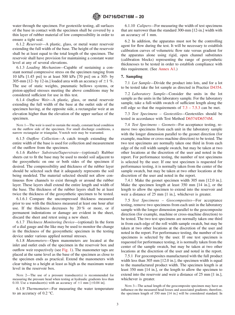 ASTM D4716/D4716M-20 - Standard Test Method for Determining the (In-plane) Flow Rate per Unit Width and Hydraulic  Transmissivity of a Geosynthetic Using a Constant Head