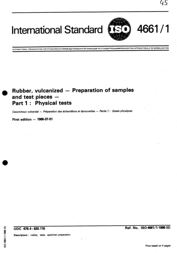 ISO 4661-1:1986 - Rubber, vulcanized -- Preparation of samples and test pieces