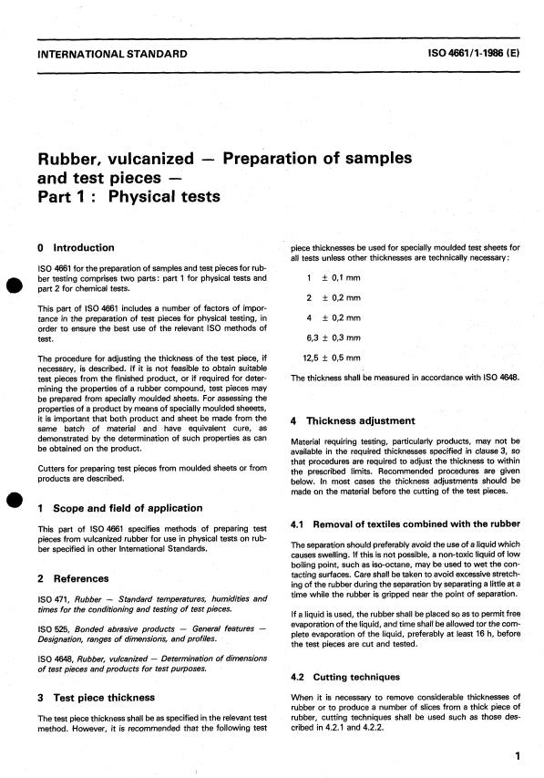 ISO 4661-1:1986 - Rubber, vulcanized -- Preparation of samples and test pieces