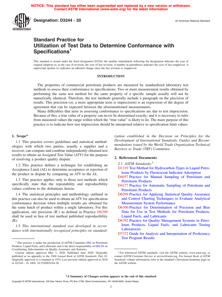 ASTM D3244-20 - Standard Practice for Utilization of Test Data to Determine Conformance with Specifications