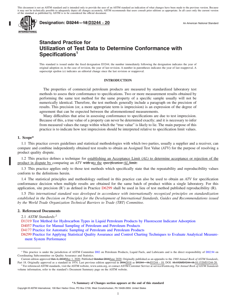 REDLINE ASTM D3244-20 - Standard Practice for Utilization of Test Data to Determine Conformance with Specifications