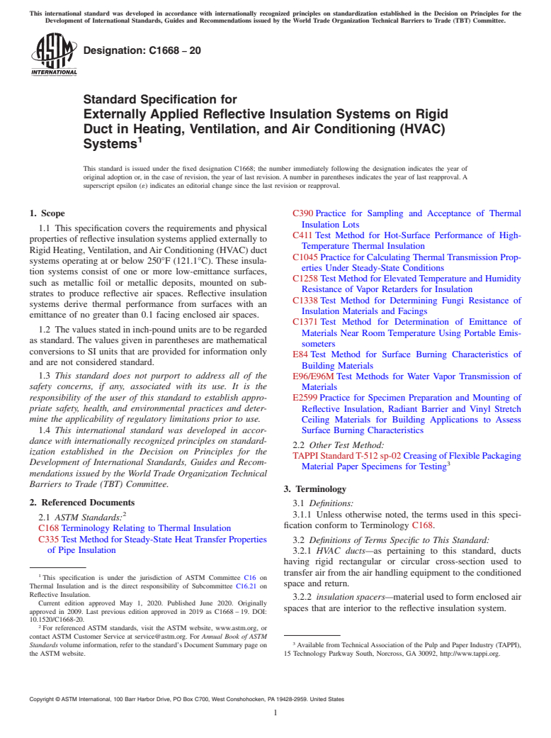 ASTM C1668-20 - Standard Specification for  Externally Applied Reflective Insulation Systems on Rigid Duct  in Heating, Ventilation, and Air Conditioning (HVAC) Systems