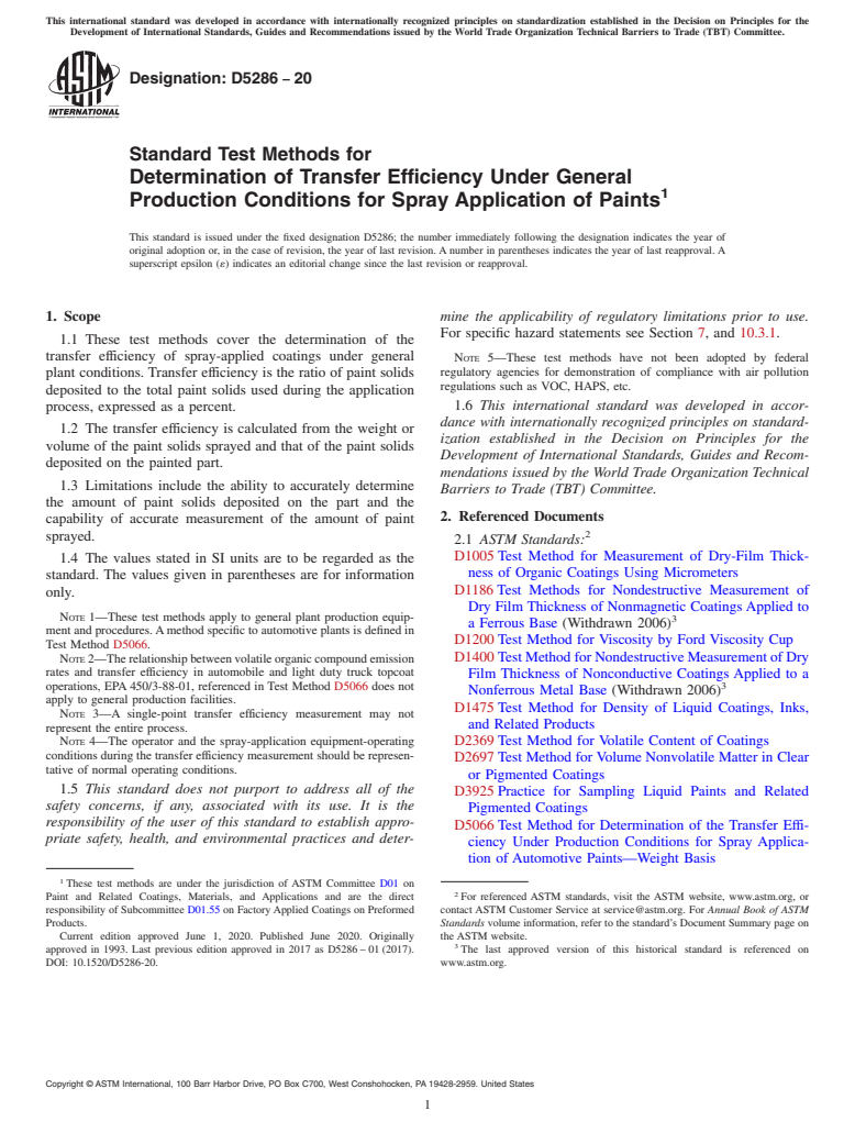 ASTM D5286-20 - Standard Test Methods for Determination of Transfer Efficiency Under General Production   Conditions for Spray Application of Paints