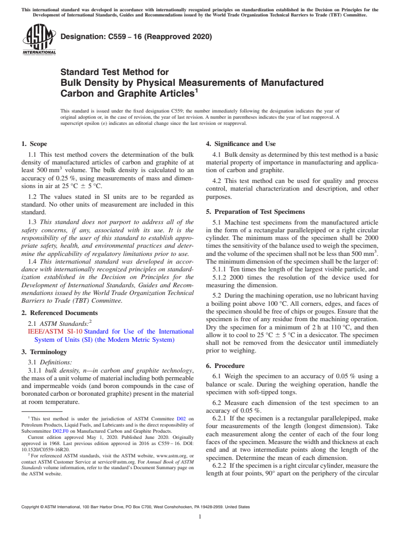 ASTM C559-16(2020) - Standard Test Method for  Bulk Density by Physical Measurements of Manufactured Carbon  and Graphite Articles