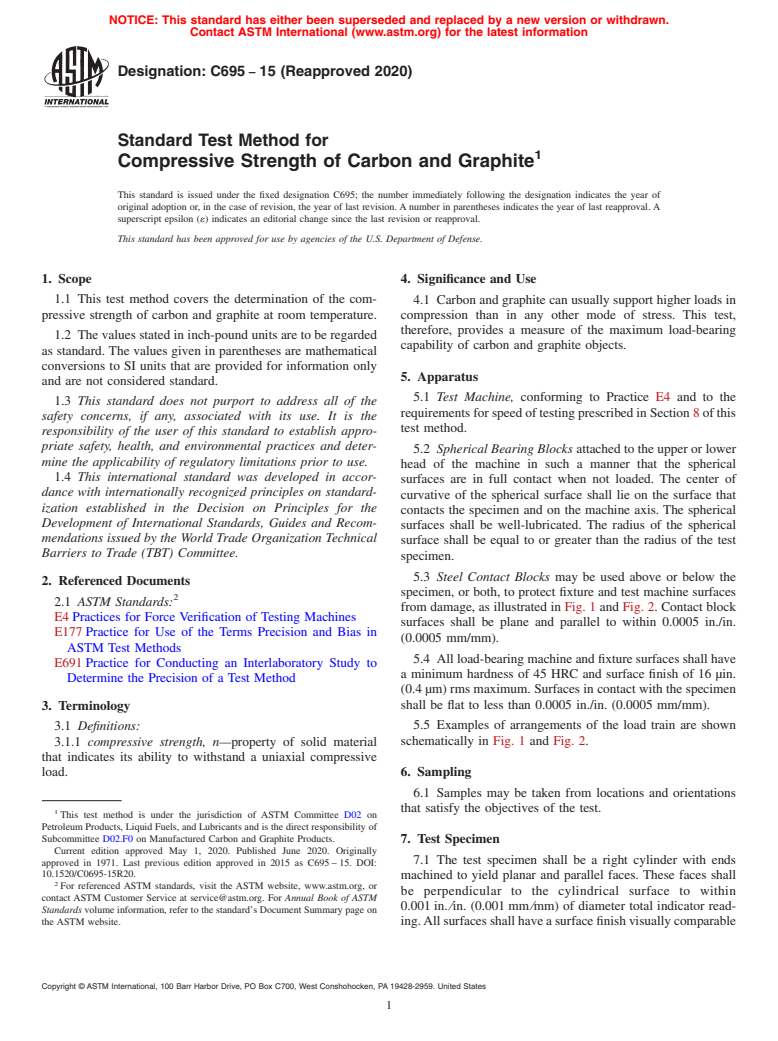 ASTM C695-15(2020) - Standard Test Method for  Compressive Strength of Carbon and Graphite