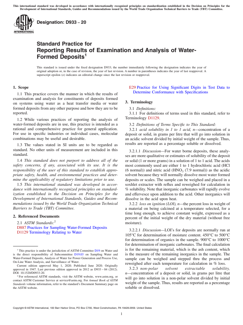 ASTM D933-20 - Standard Practice for  Reporting Results of Examination and Analysis of Water-Formed  Deposits