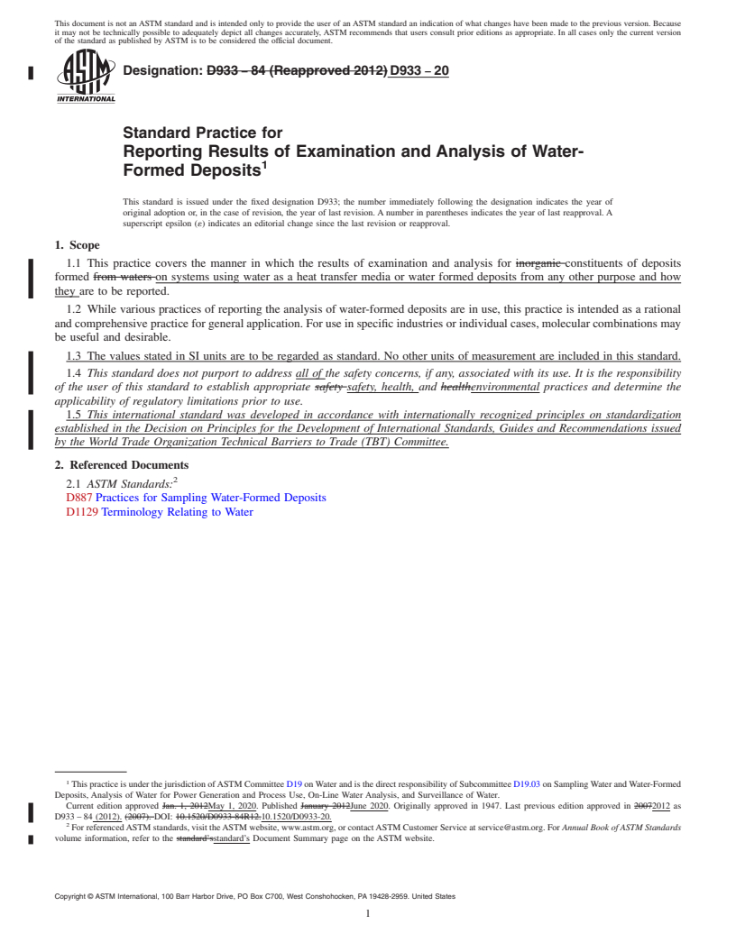 REDLINE ASTM D933-20 - Standard Practice for  Reporting Results of Examination and Analysis of Water-Formed  Deposits
