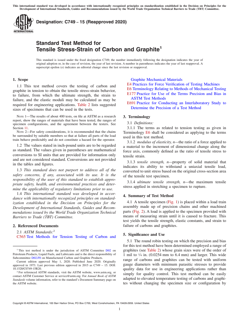 ASTM C749-15(2020) - Standard Test Method for  Tensile Stress-Strain of Carbon and Graphite