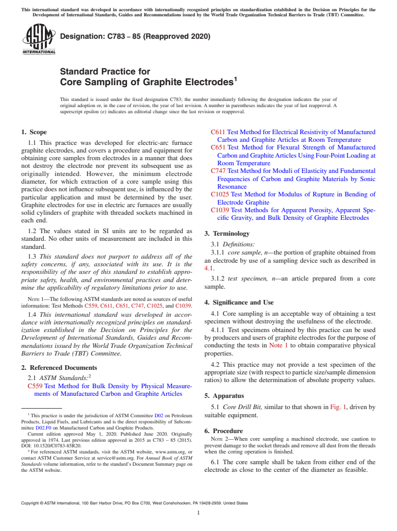 ASTM C783-85(2020) - Standard Practice for  Core Sampling of Graphite Electrodes