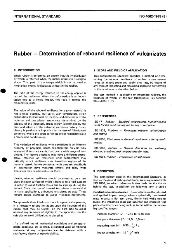 ISO 4662:1978 - Rubber -- Determination of rebound resilience of vulcanizates