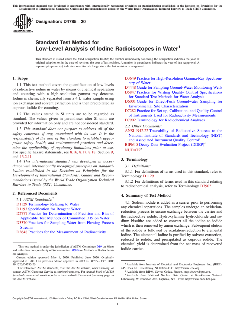 ASTM D4785-20 - Standard Test Method for  Low-Level Analysis of Iodine Radioisotopes in Water