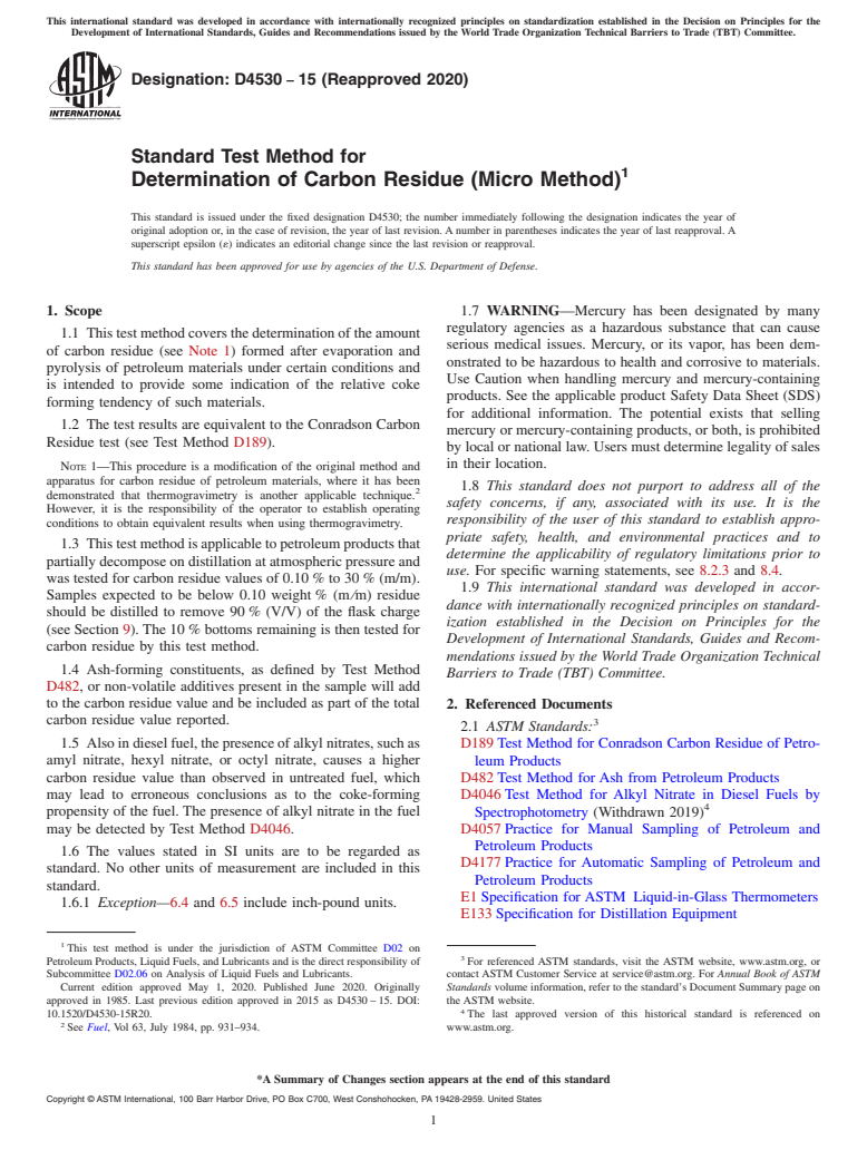 ASTM D4530-15(2020) - Standard Test Method for  Determination of Carbon Residue (Micro Method)