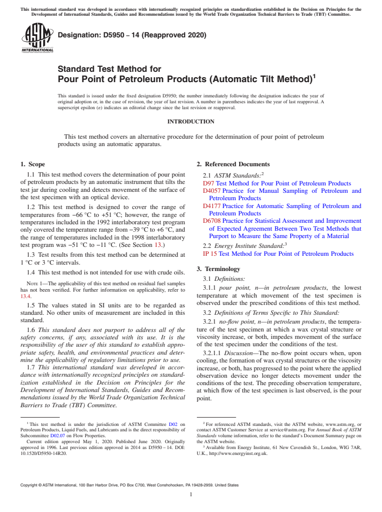 ASTM D5950-14(2020) - Standard Test Method for Pour Point of Petroleum Products (Automatic Tilt Method)