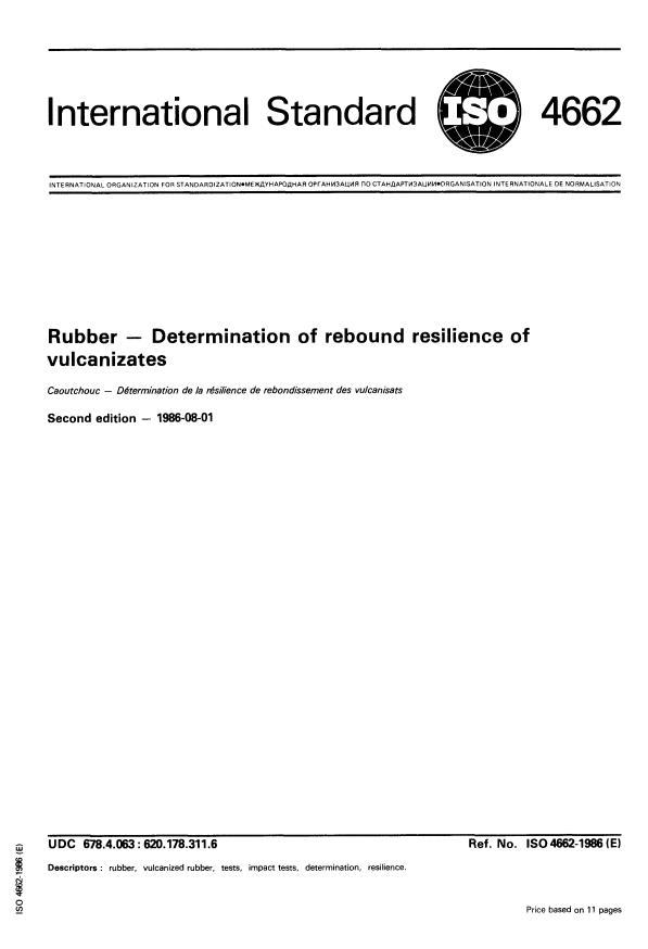 ISO 4662:1986 - Rubber -- Determination of rebound resilience of vulcanizates