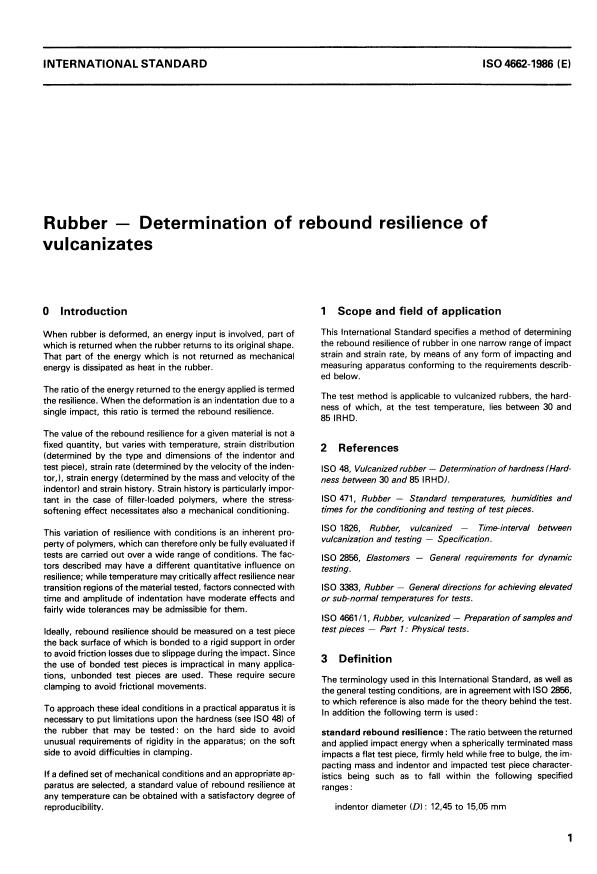 ISO 4662:1986 - Rubber -- Determination of rebound resilience of vulcanizates