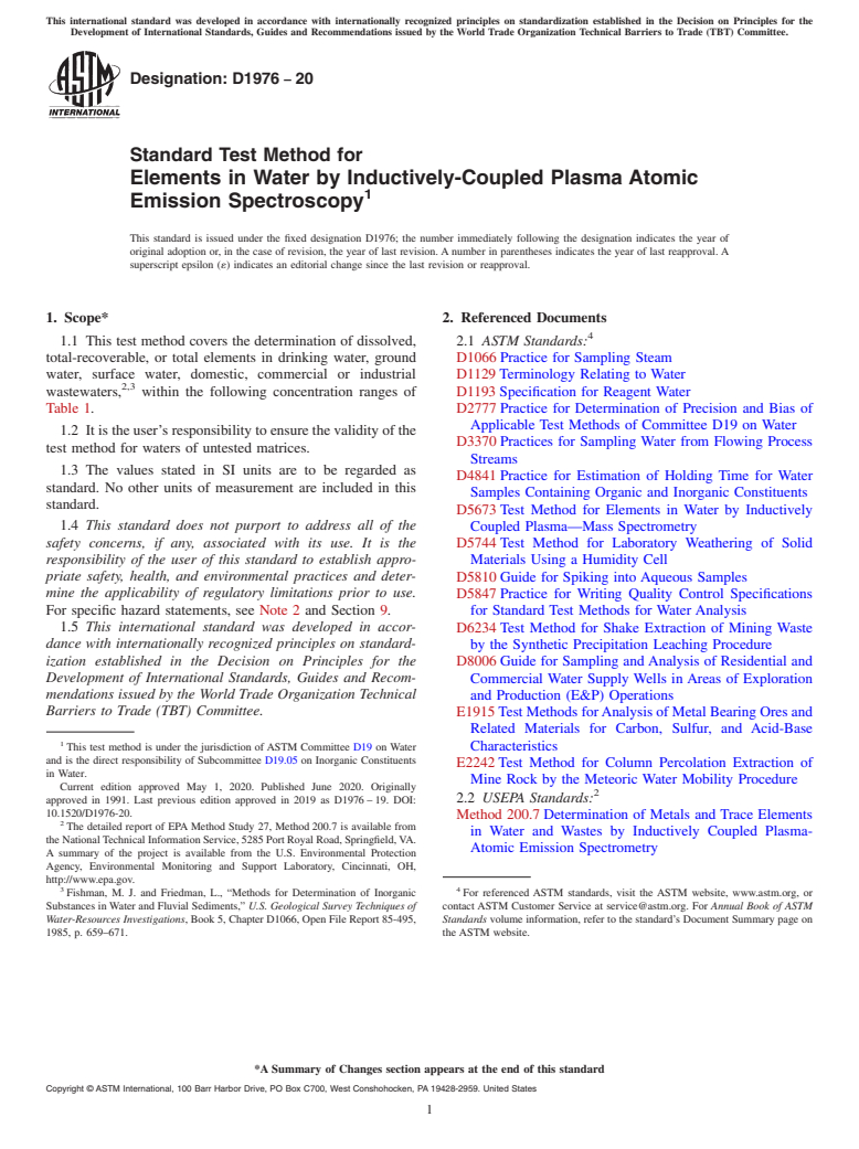 ASTM D1976-20 - Standard Test Method for  Elements in Water by Inductively-Coupled Plasma Atomic Emission  Spectroscopy