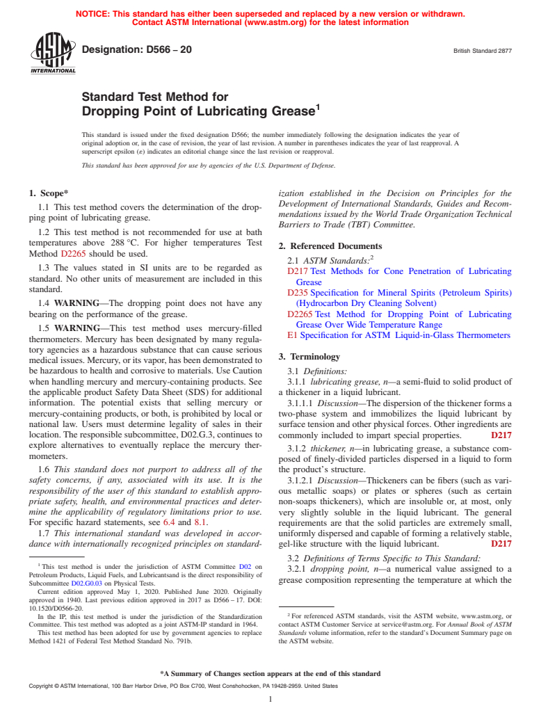 ASTM D566-20 - Standard Test Method for Dropping Point of Lubricating Grease (Withdrawn 2023)