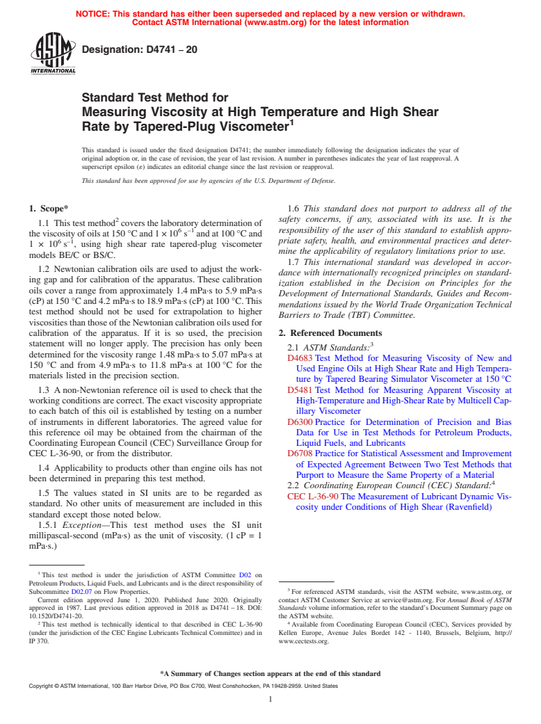 ASTM D4741-20 - Standard Test Method for Measuring Viscosity at High Temperature and High Shear Rate  by Tapered-Plug Viscometer