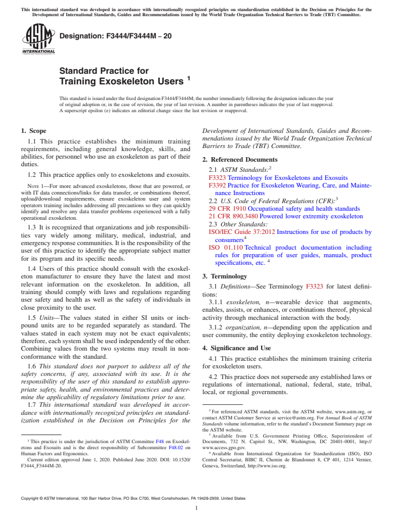 ASTM F3444/F3444M-20 - Standard Practice for Training Exoskeleton Users