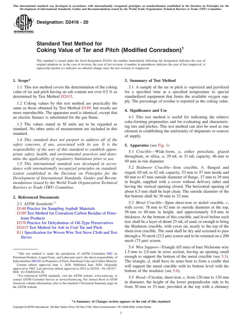 ASTM D2416-20 - Standard Test Method for  Coking Value of Tar and Pitch (Modified Conradson)