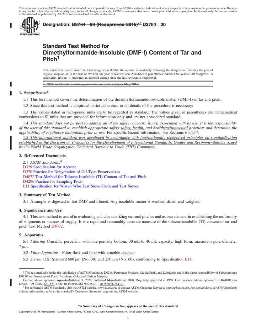 REDLINE ASTM D2764-20 - Standard Test Method for  Dimethylformamide-Insoluble (DMF-I) Content of Tar and Pitch