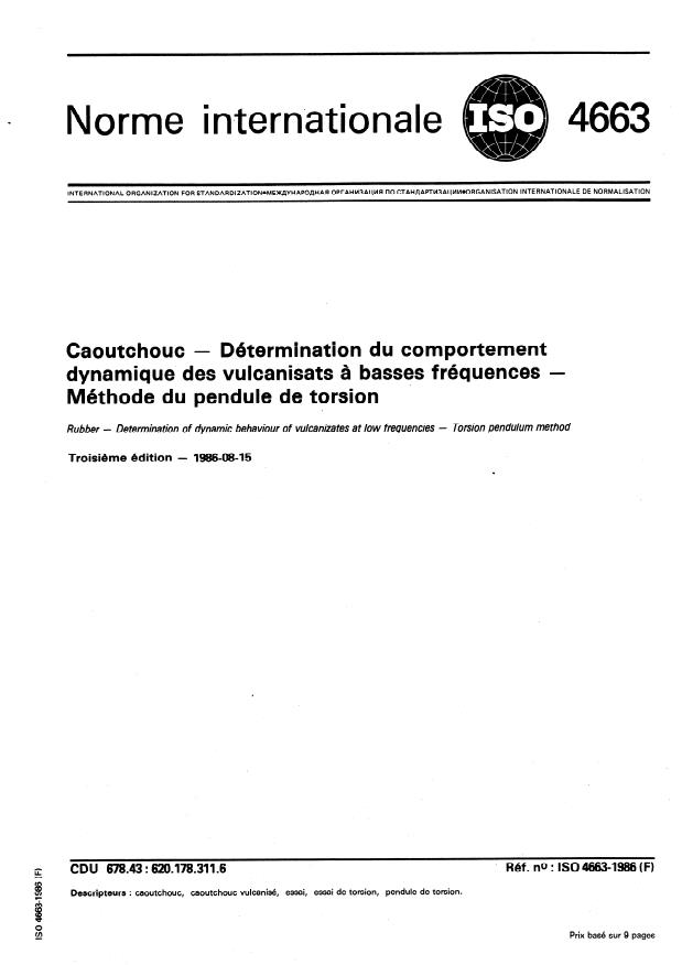 ISO 4663:1986 - Caoutchouc -- Détermination du comportement dynamique des vulcanisats a basses fréquences -- Méthode du pendule de torsion
