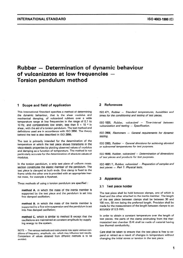 ISO 4663:1986 - Rubber -- Determination of dynamic behaviour of vulcanizates at low frequencies -- Torsion pendulum method