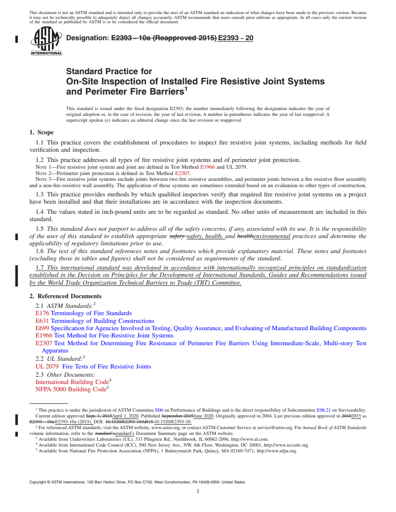 REDLINE ASTM E2393-20 - Standard Practice for On-Site Inspection of Installed Fire Resistive Joint Systems  and Perimeter Fire Barriers