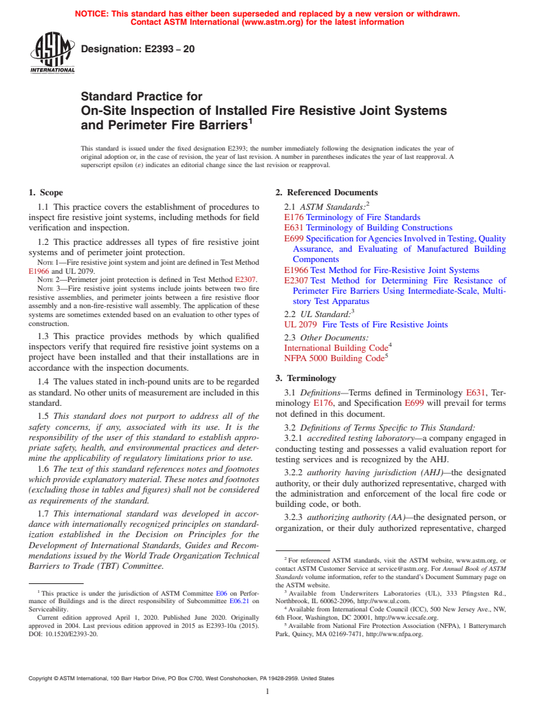 ASTM E2393-20 - Standard Practice for On-Site Inspection of Installed Fire Resistive Joint Systems  and Perimeter Fire Barriers