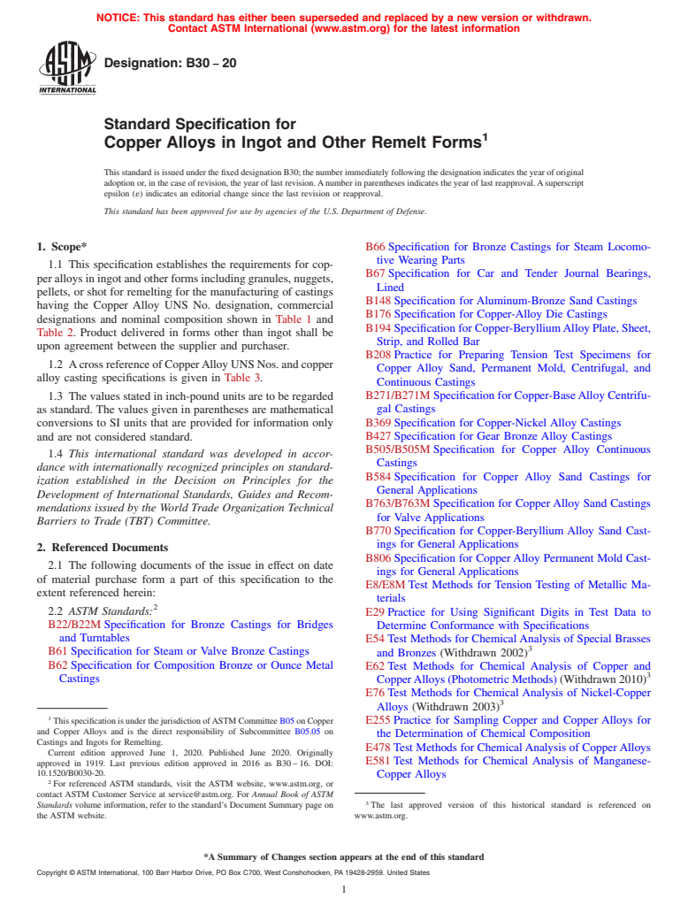 ASTM B30-20 - Standard Specification for Copper Alloys in Ingot and Other Remelt Forms