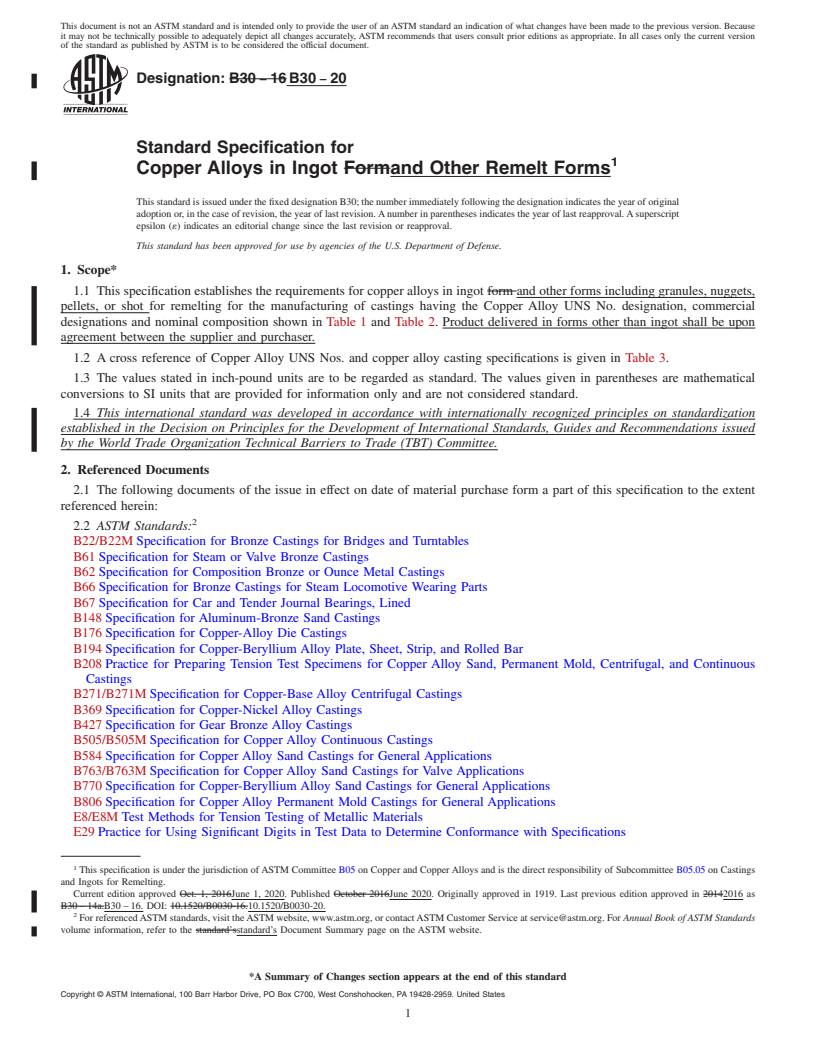 REDLINE ASTM B30-20 - Standard Specification for Copper Alloys in Ingot and Other Remelt Forms