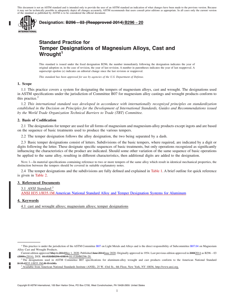 REDLINE ASTM B296-20 - Standard Practice for  Temper Designations of Magnesium Alloys, Cast and Wrought