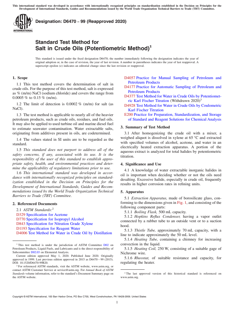 ASTM D6470-99(2020) - Standard Test Method for  Salt in Crude Oils (Potentiometric Method)